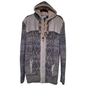 Leif Nelson Mens 4XL Blue Marled Cable Knit Full Zip Toggle Hood sweater Nordic